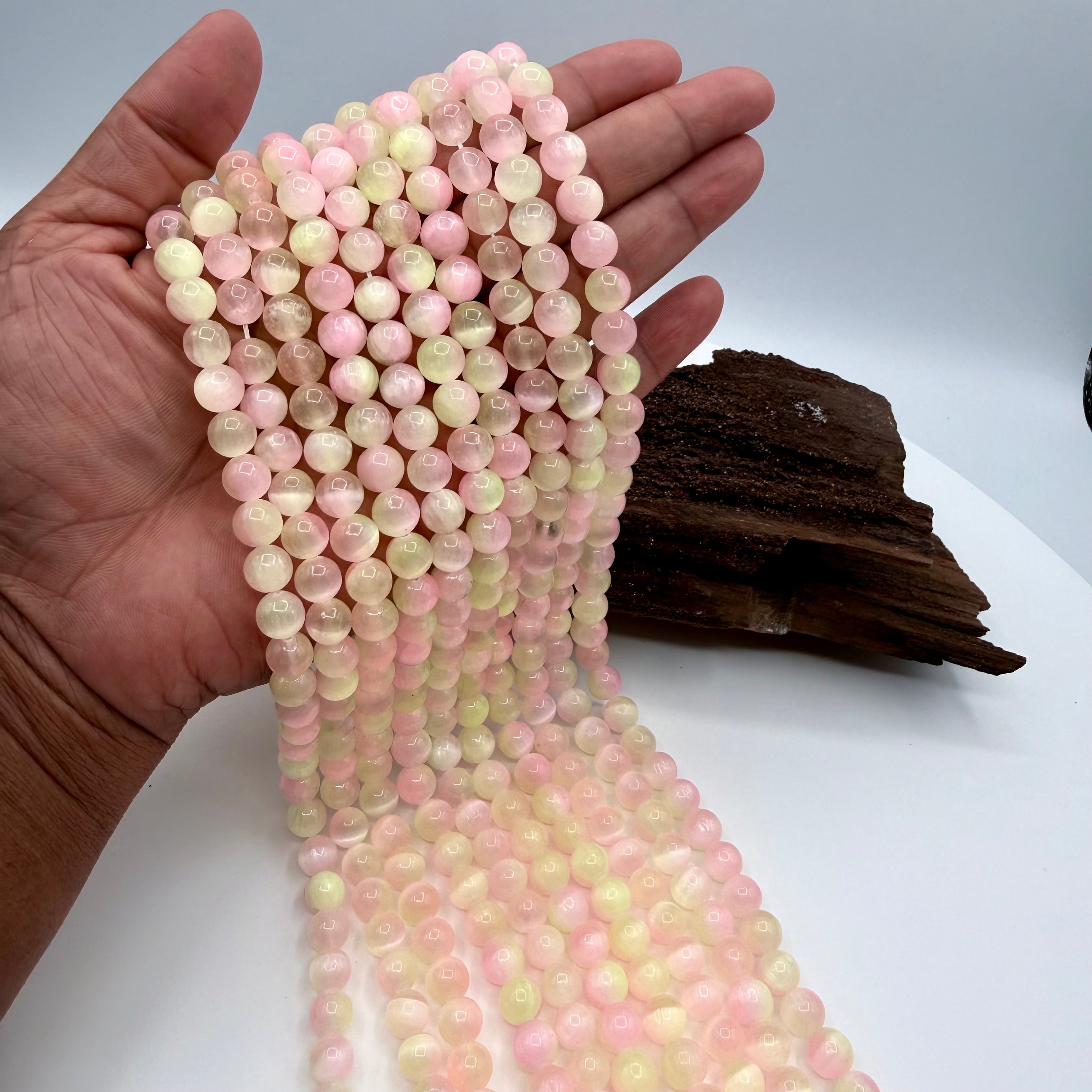 Pink & Yellow Selenite Bead Strand 8mm Round [FT26]