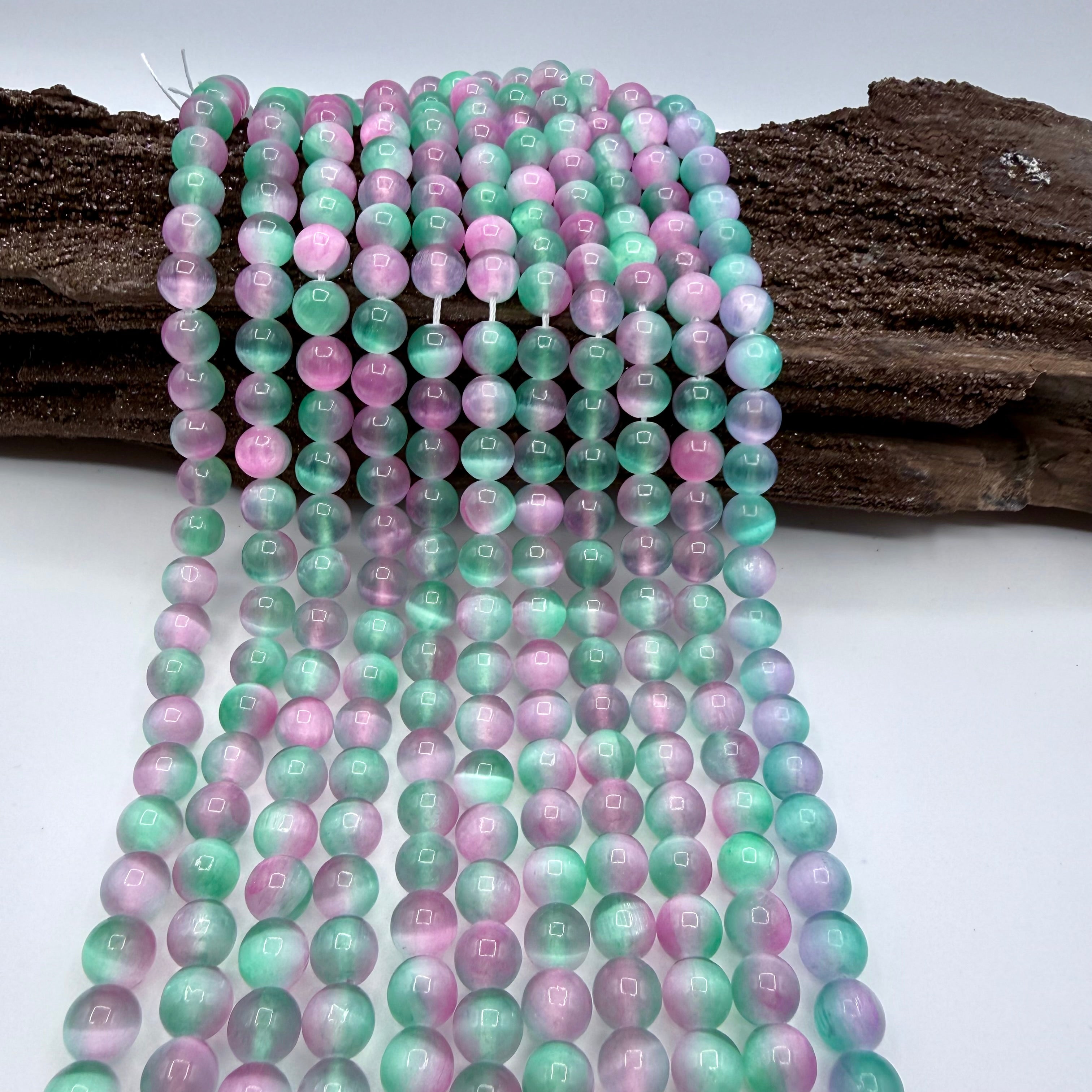 Green & Pink Selenite Bead Strands 8mm Round [YA26]