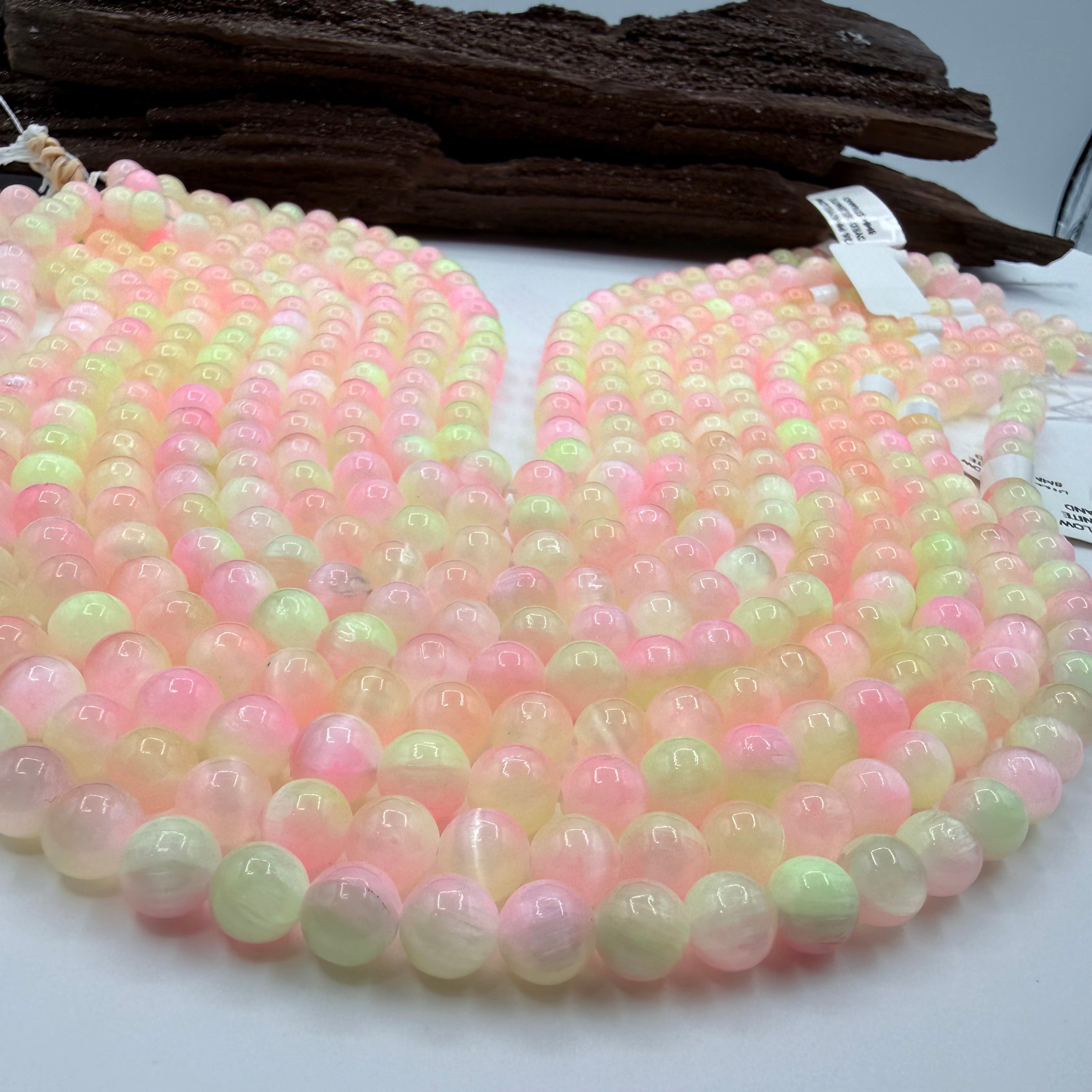 Pink & Yellow Selenite Bead Strand 8mm Round [FT26]