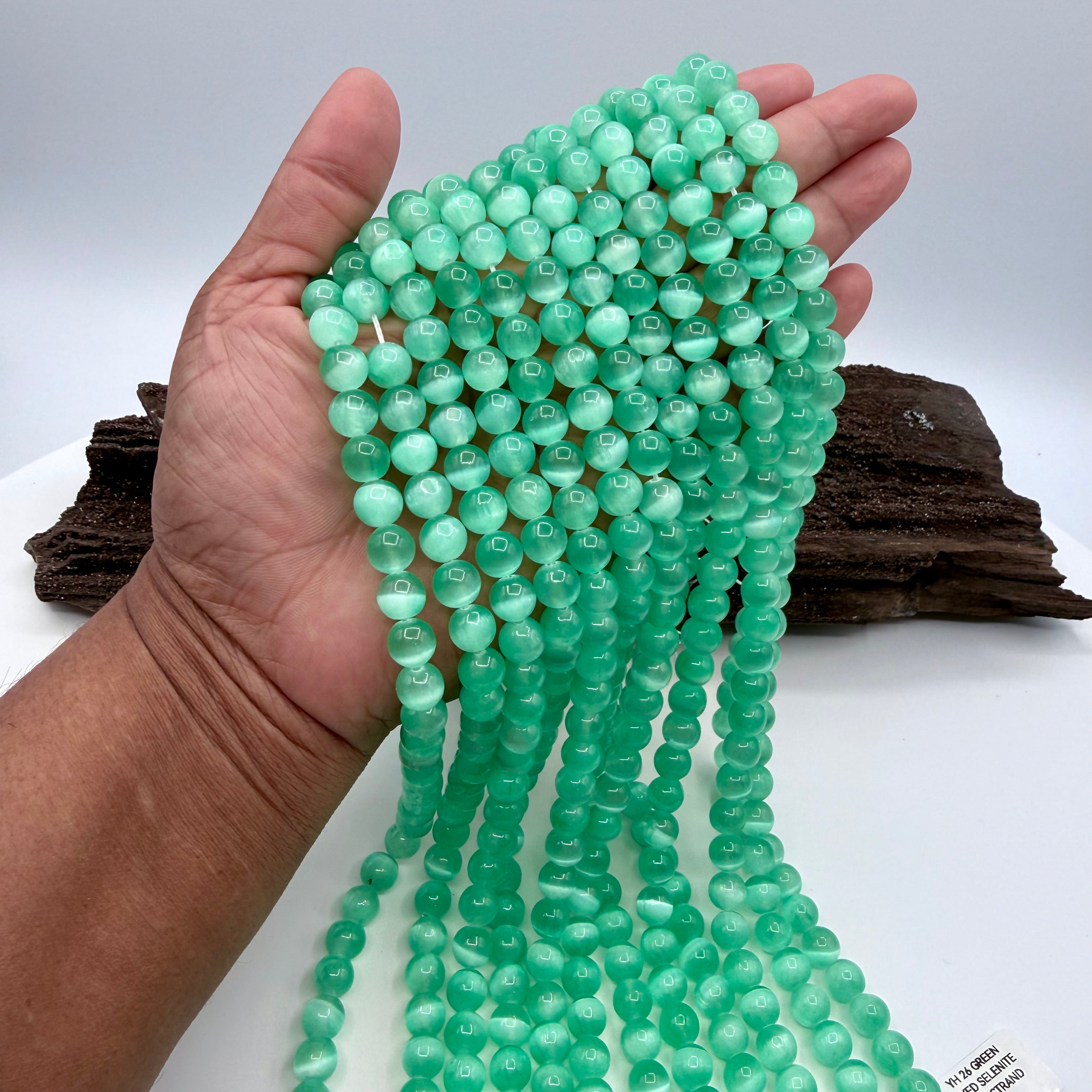 Green Aura Selenite 8mm Bead Strand Round [YH26]