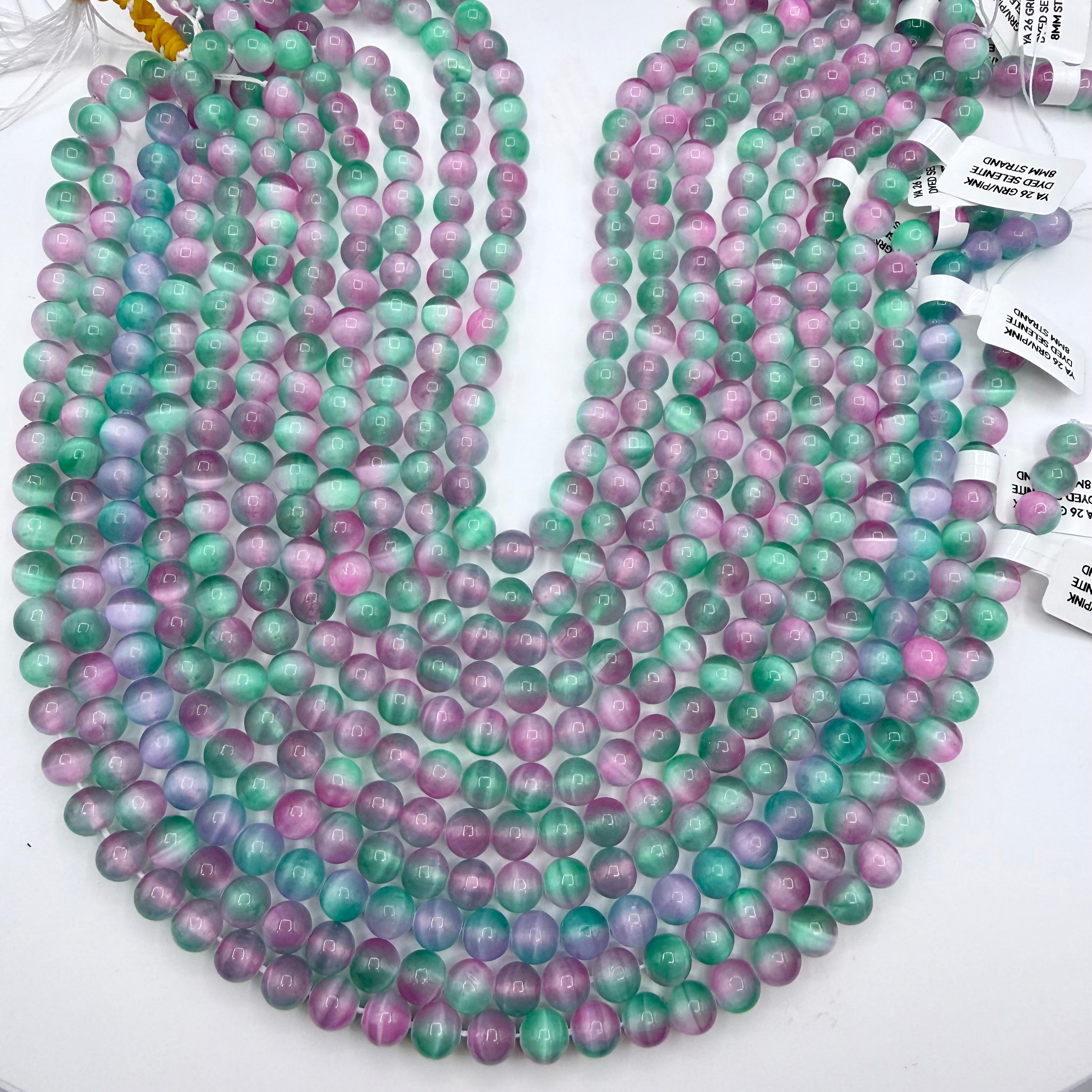 Green & Pink Selenite Bead Strands 8mm Round [YA26]
