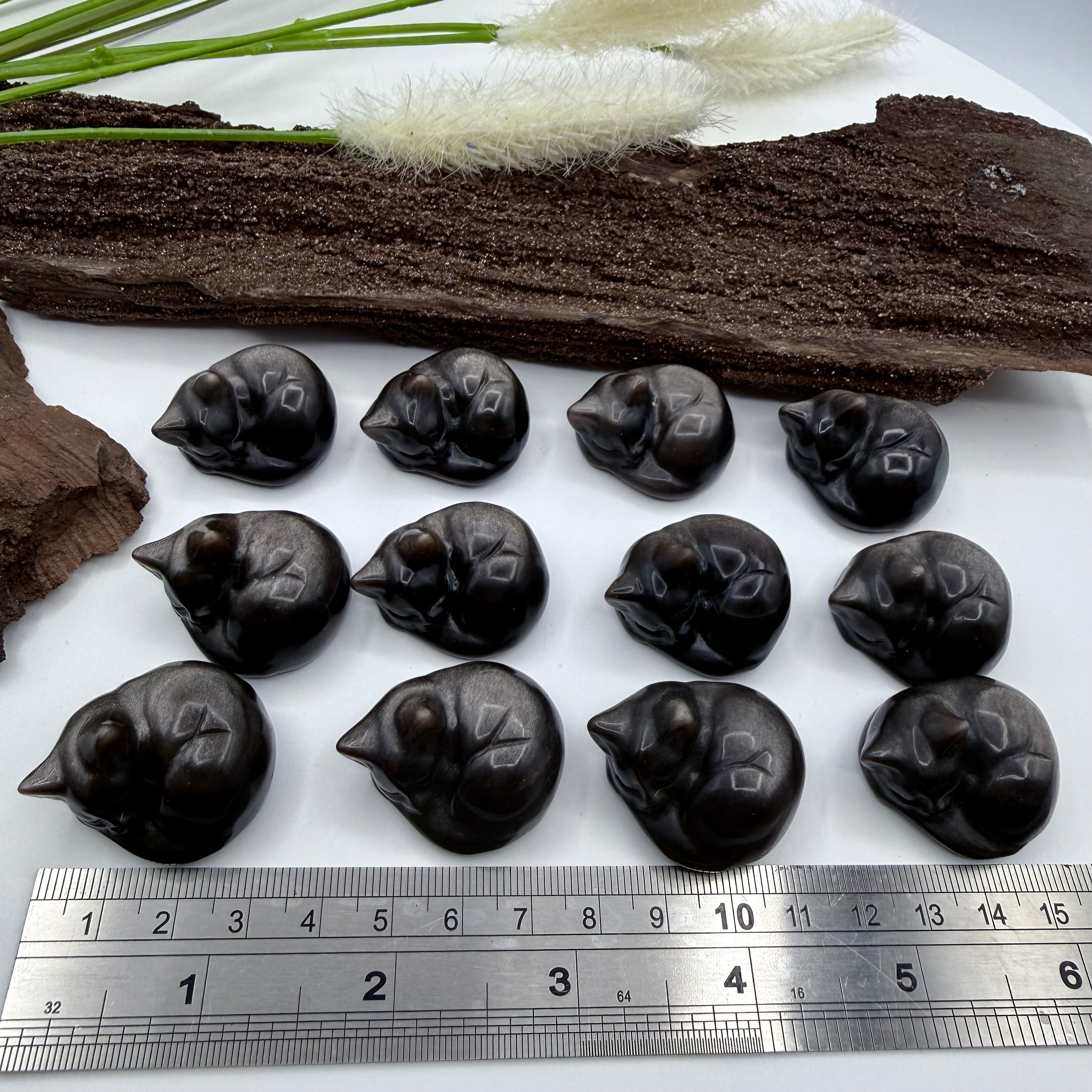 Silver Sheen Obsidian Sleeping Baby Cat 3cm