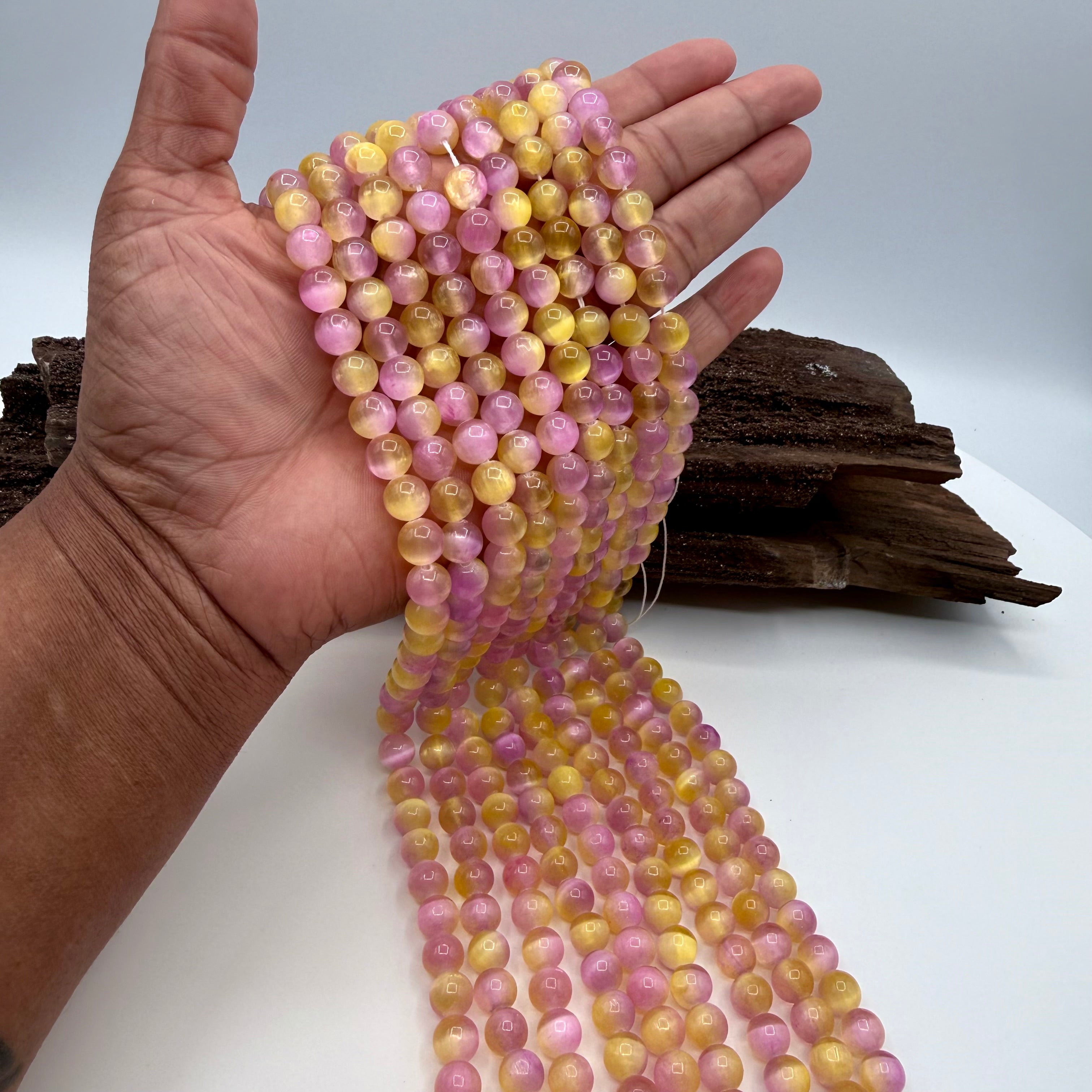 Hot Pink & Yellow Selenite Bead Strand 8mm Round [YD26]