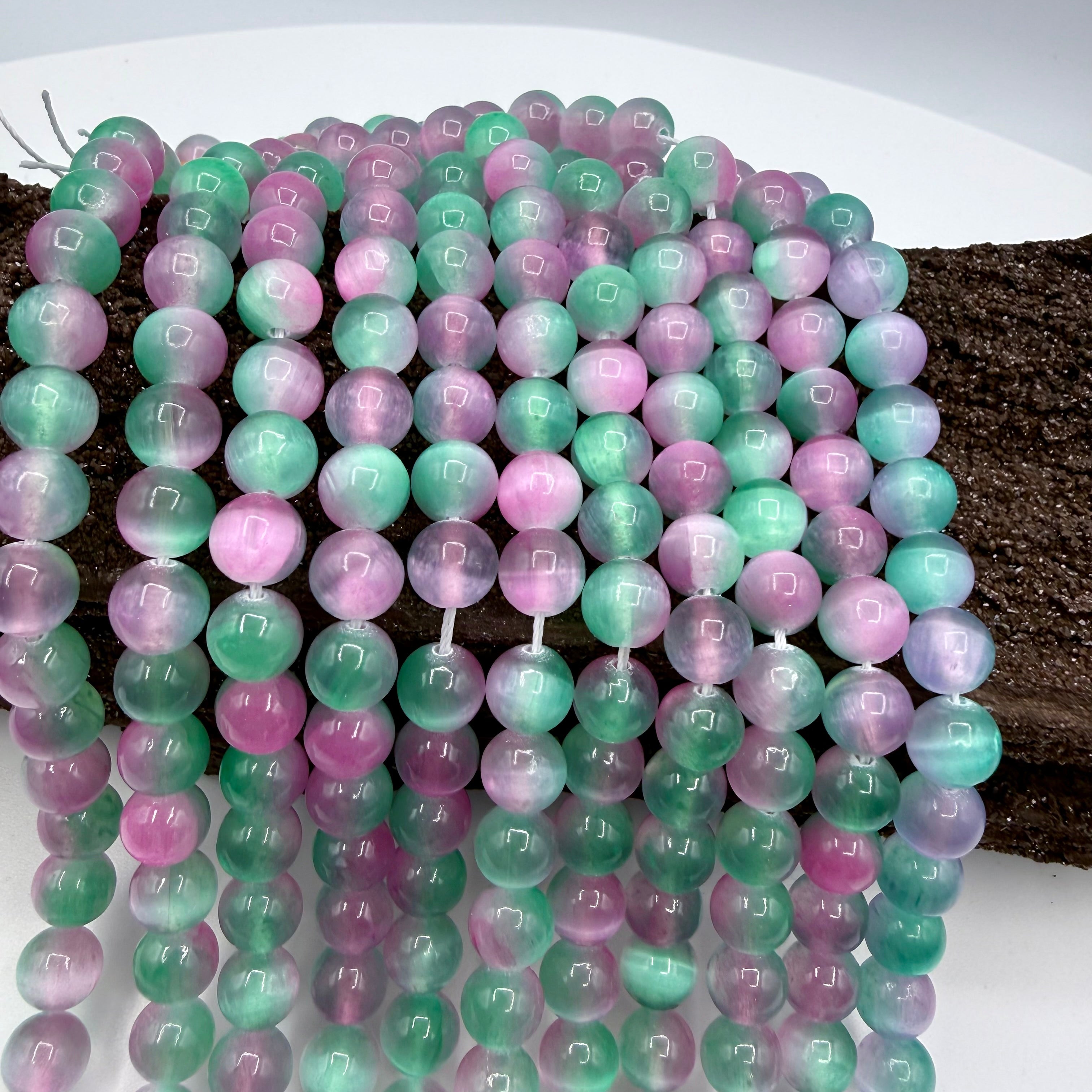 Green & Pink Selenite Bead Strands 8mm Round [YA26]