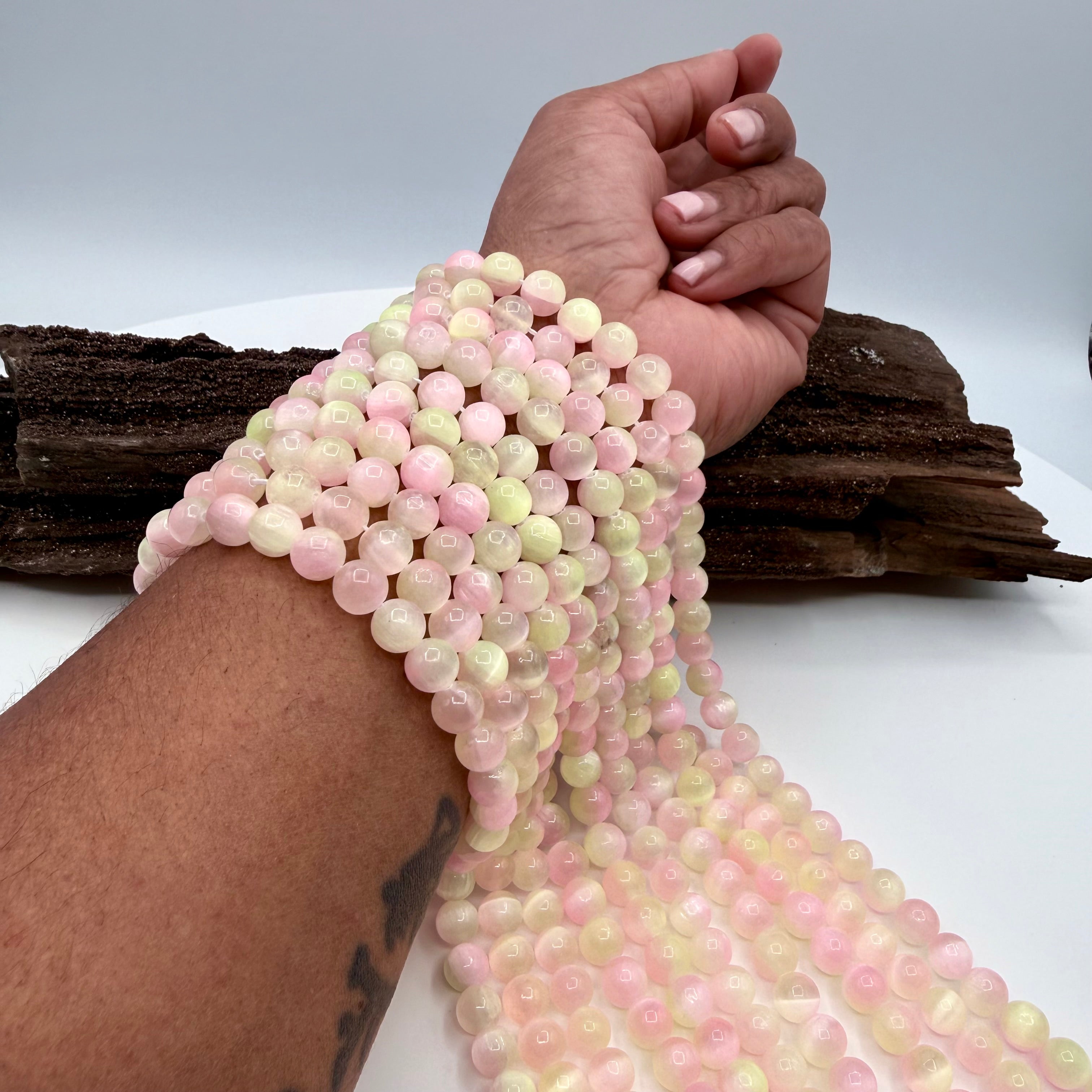Pink & Yellow Selenite Bead Strand 8mm Round [FT26]