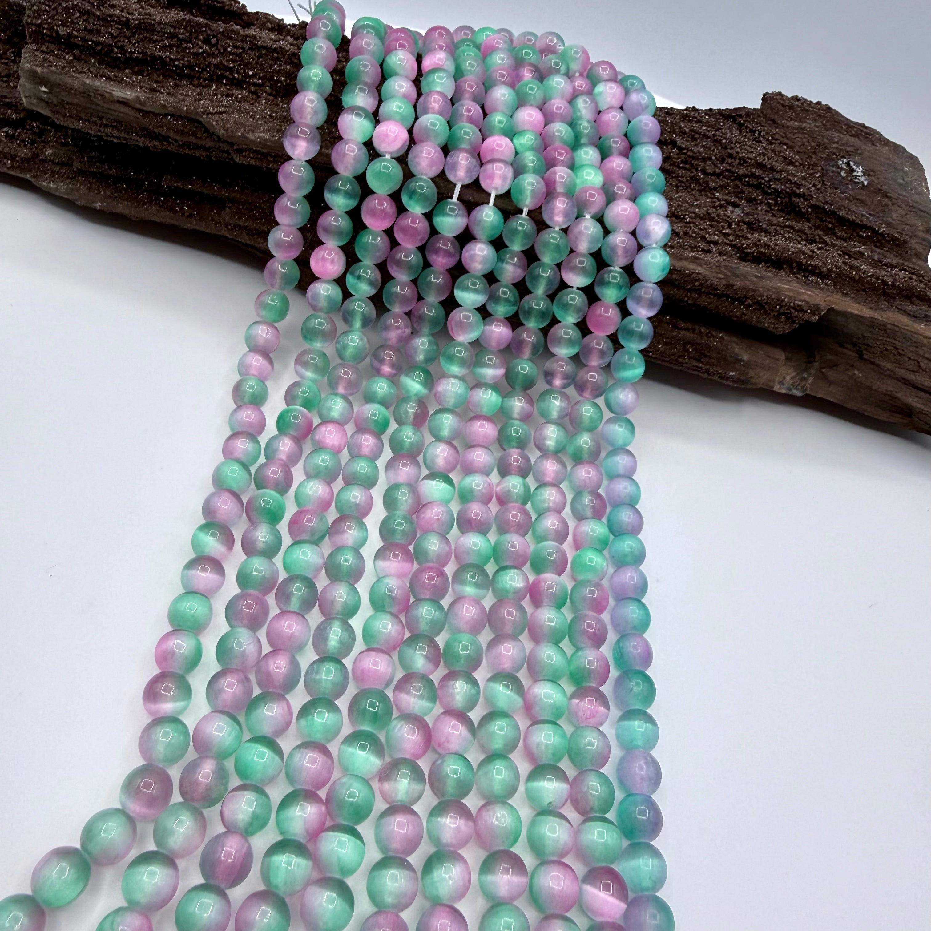 Green & Pink Selenite Bead Strands 8mm Round [YA26]