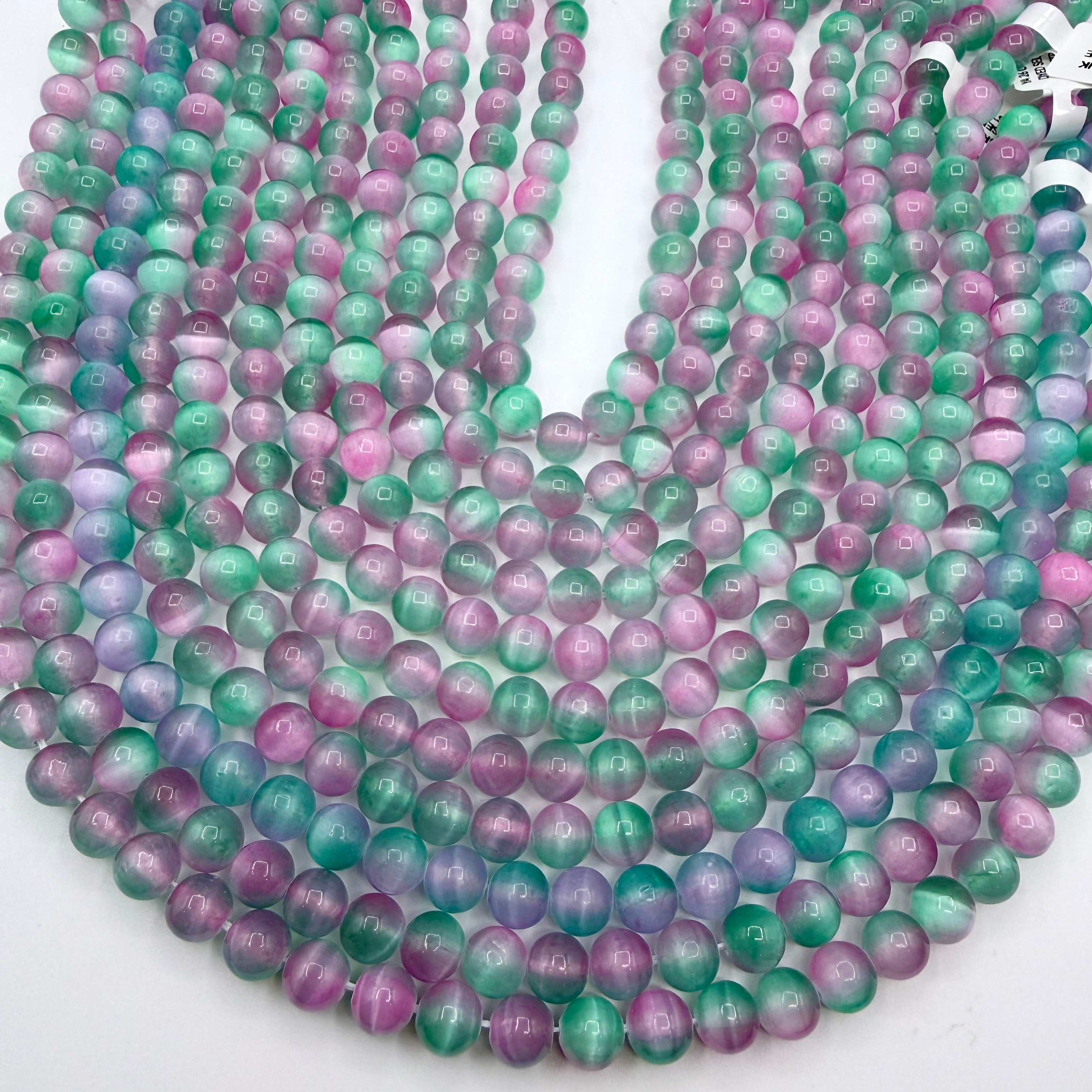 Green & Pink Selenite Bead Strands 8mm Round [YA26]